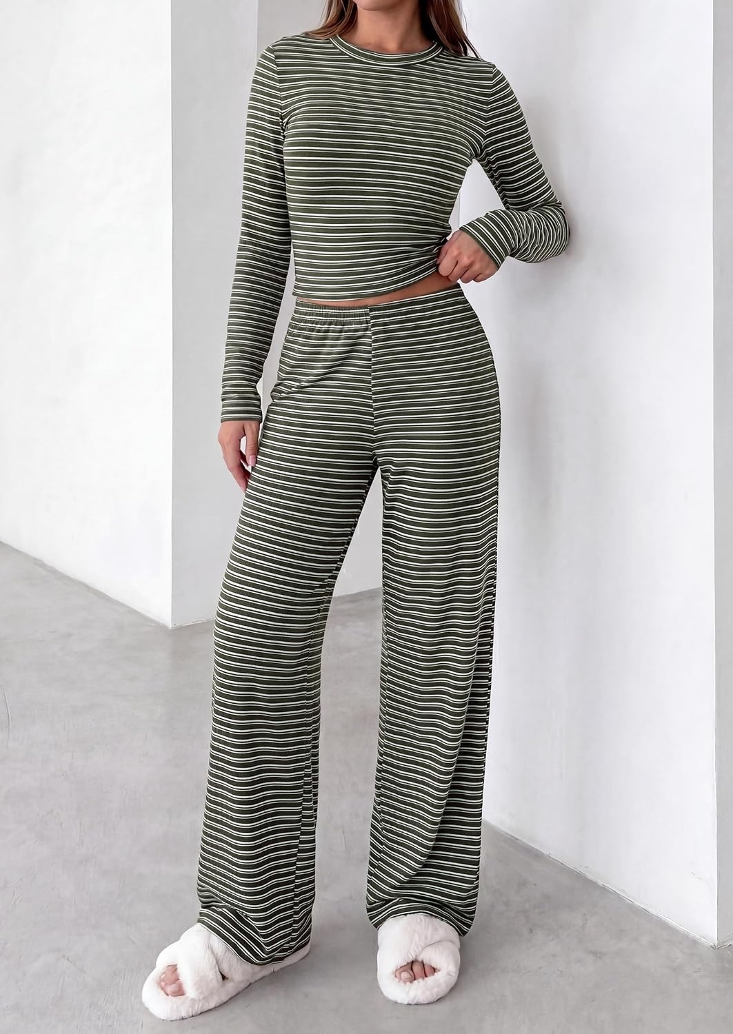 image:imagePRETTYGARDEN Women 2 Piece Striped Lounge Sets Soft Cozy Knit Matching Airport Travel Outfits Long Sleeve Shirts Wide Leg Pants Pockets Fall Winter Comfy Casual ClothesStriped Army Green White