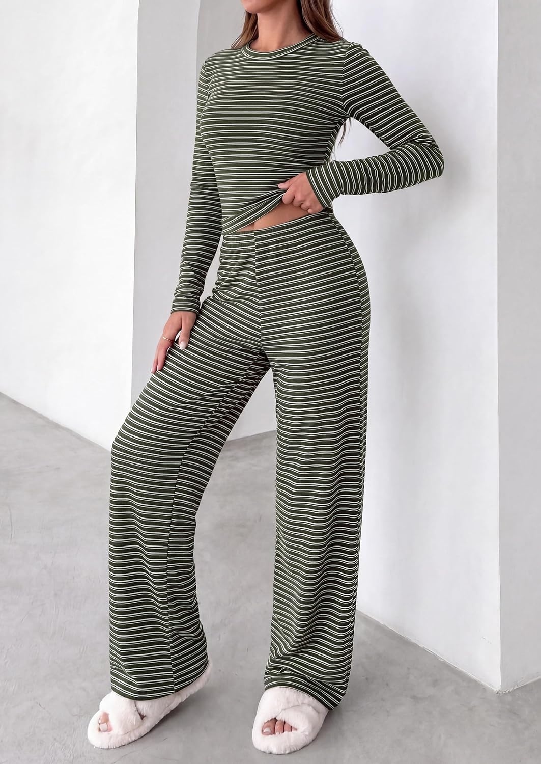 image:imagePRETTYGARDEN Women 2 Piece Striped Lounge Sets Soft Cozy Knit Matching Airport Travel Outfits Long Sleeve Shirts Wide Leg Pants Pockets Fall Winter Comfy Casual ClothesStriped Army Green White
