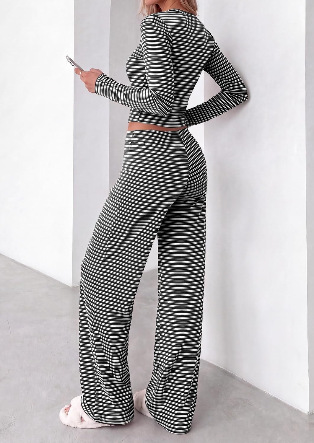 image:imagePRETTYGARDEN Women 2 Piece Striped Lounge Sets Soft Cozy Knit Matching Airport Travel Outfits Long Sleeve Shirts Wide Leg Pants Pockets Fall Winter Comfy Casual ClothesStriped Black White