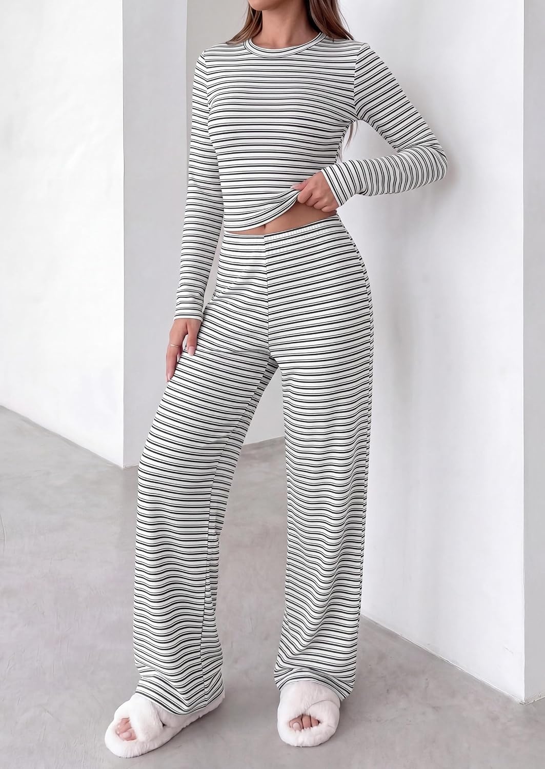image:imagePRETTYGARDEN Women 2 Piece Striped Lounge Sets Soft Cozy Knit Matching Airport Travel Outfits Long Sleeve Shirts Wide Leg Pants Pockets Fall Winter Comfy Casual ClothesStriped White Black