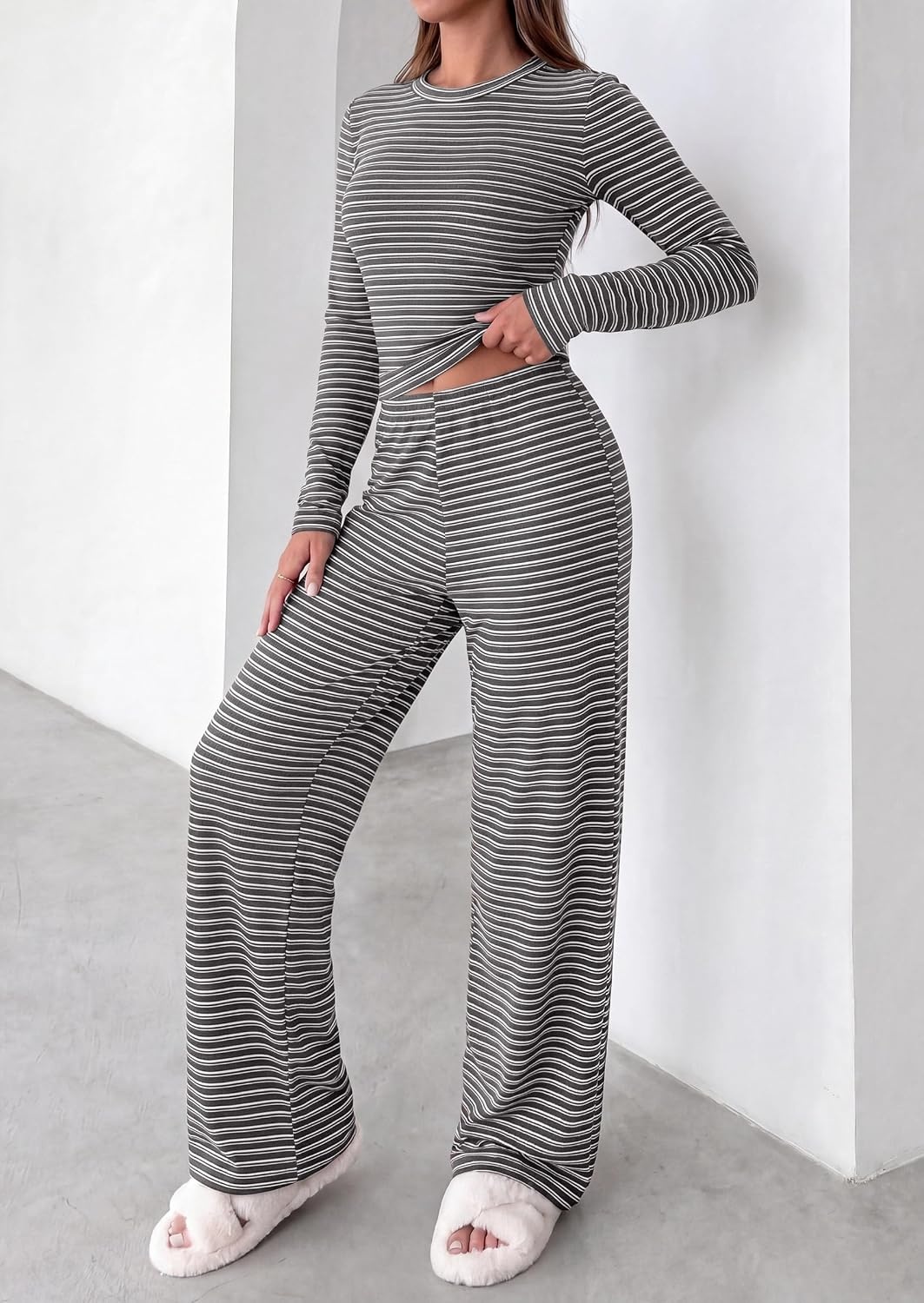 image:imagePRETTYGARDEN Women 2 Piece Striped Lounge Sets Soft Cozy Knit Matching Airport Travel Outfits Long Sleeve Shirts Wide Leg Pants Pockets Fall Winter Comfy Casual ClothesStriped Grey White