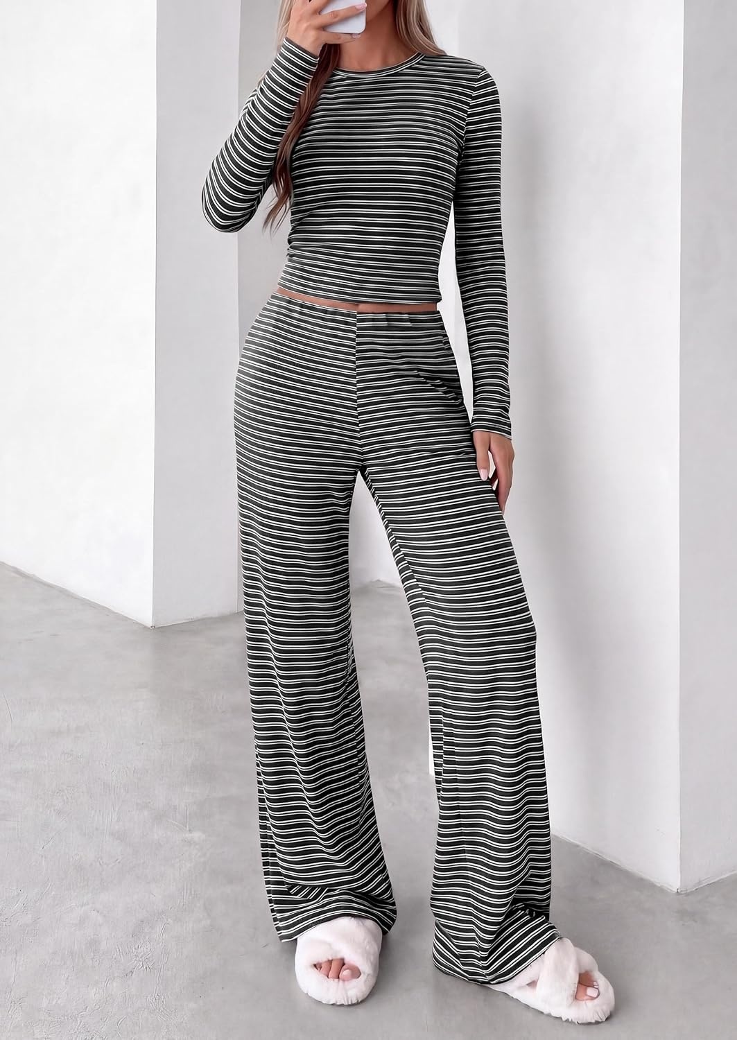 image:imagePRETTYGARDEN Women 2 Piece Striped Lounge Sets Soft Cozy Knit Matching Airport Travel Outfits Long Sleeve Shirts Wide Leg Pants Pockets Fall Winter Comfy Casual ClothesStriped Black White