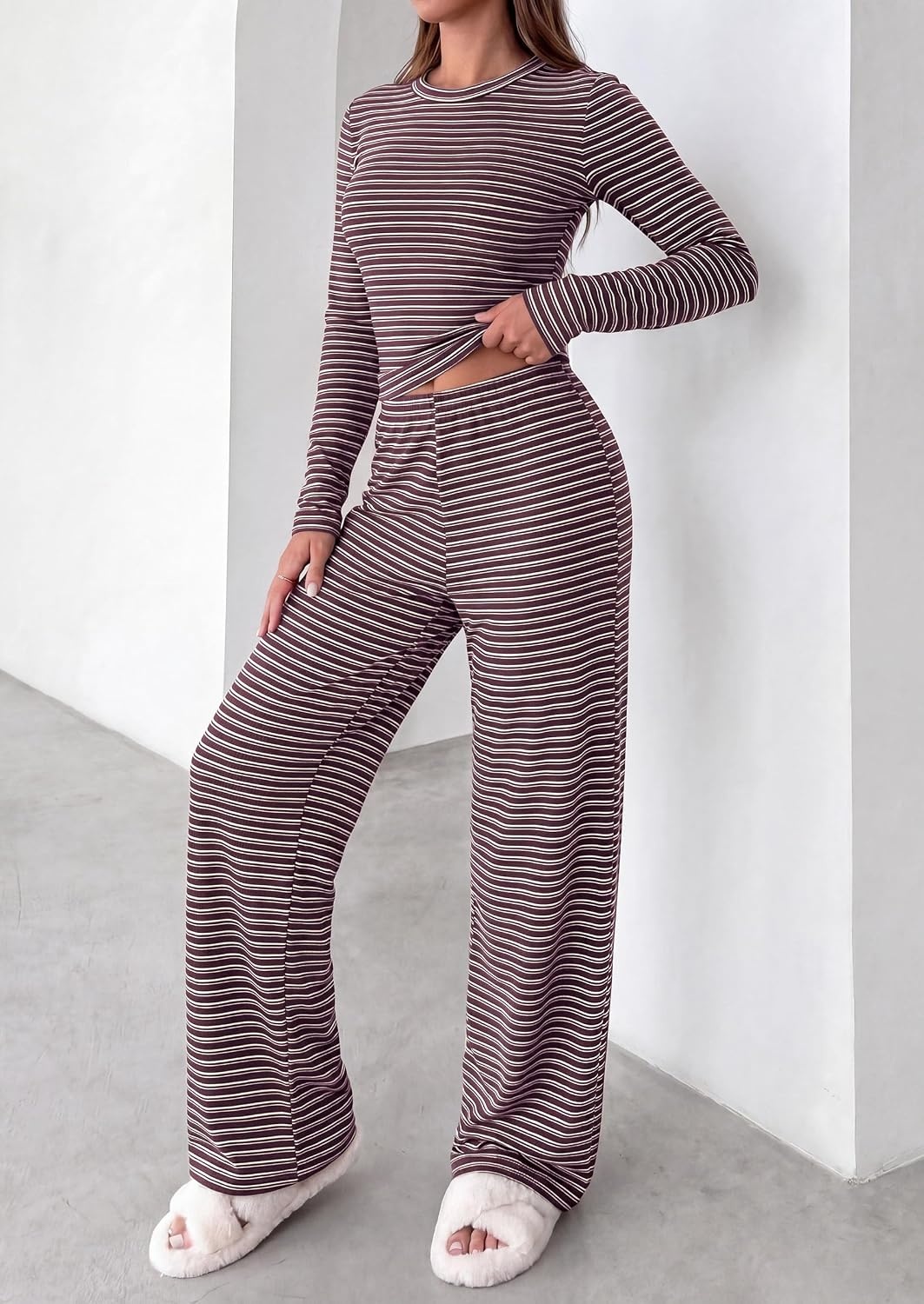 image:imagePRETTYGARDEN Women 2 Piece Striped Lounge Sets Soft Cozy Knit Matching Airport Travel Outfits Long Sleeve Shirts Wide Leg Pants Pockets Fall Winter Comfy Casual ClothesStriped Dark Brown White