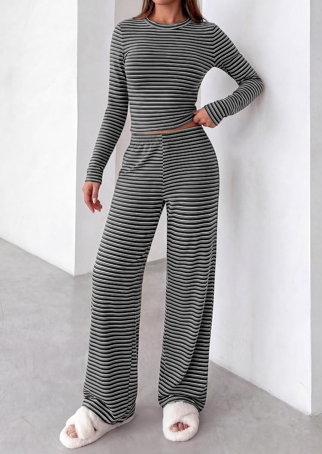 image:imagePRETTYGARDEN Women 2 Piece Striped Lounge Sets Soft Cozy Knit Matching Airport Travel Outfits Long Sleeve Shirts Wide Leg Pants Pockets Fall Winter Comfy Casual ClothesStriped Black White