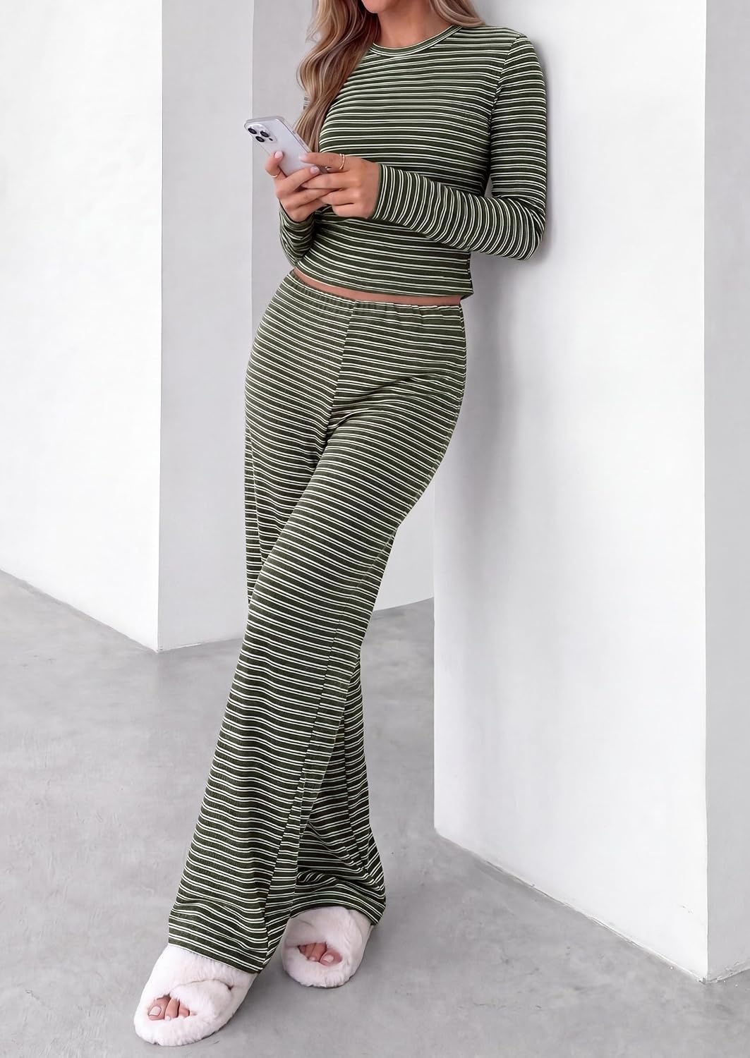 image:imagePRETTYGARDEN Women 2 Piece Striped Lounge Sets Soft Cozy Knit Matching Airport Travel Outfits Long Sleeve Shirts Wide Leg Pants Pockets Fall Winter Comfy Casual ClothesStriped Army Green White