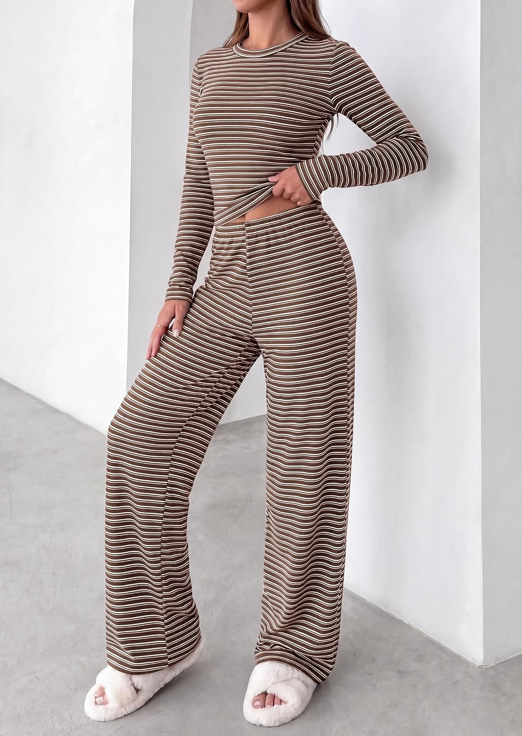 image:imagePRETTYGARDEN Women 2 Piece Striped Lounge Sets Soft Cozy Knit Matching Airport Travel Outfits Long Sleeve Shirts Wide Leg Pants Pockets Fall Winter Comfy Casual ClothesStriped Brown White