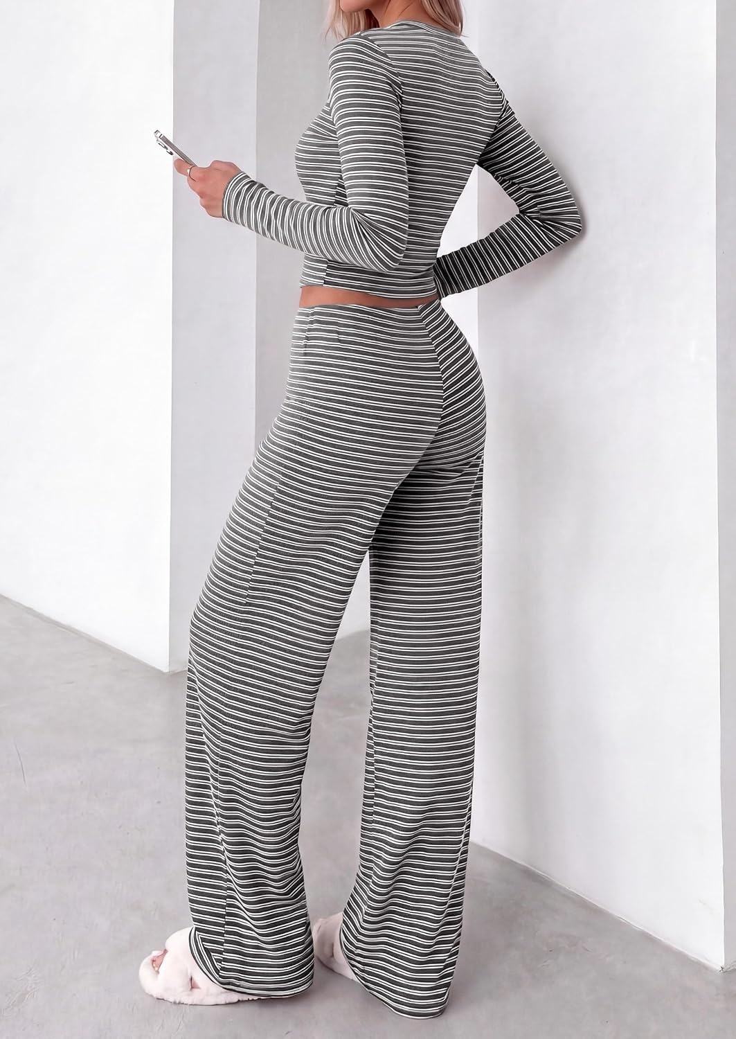 image:imagePRETTYGARDEN Women 2 Piece Striped Lounge Sets Soft Cozy Knit Matching Airport Travel Outfits Long Sleeve Shirts Wide Leg Pants Pockets Fall Winter Comfy Casual ClothesStriped Grey White