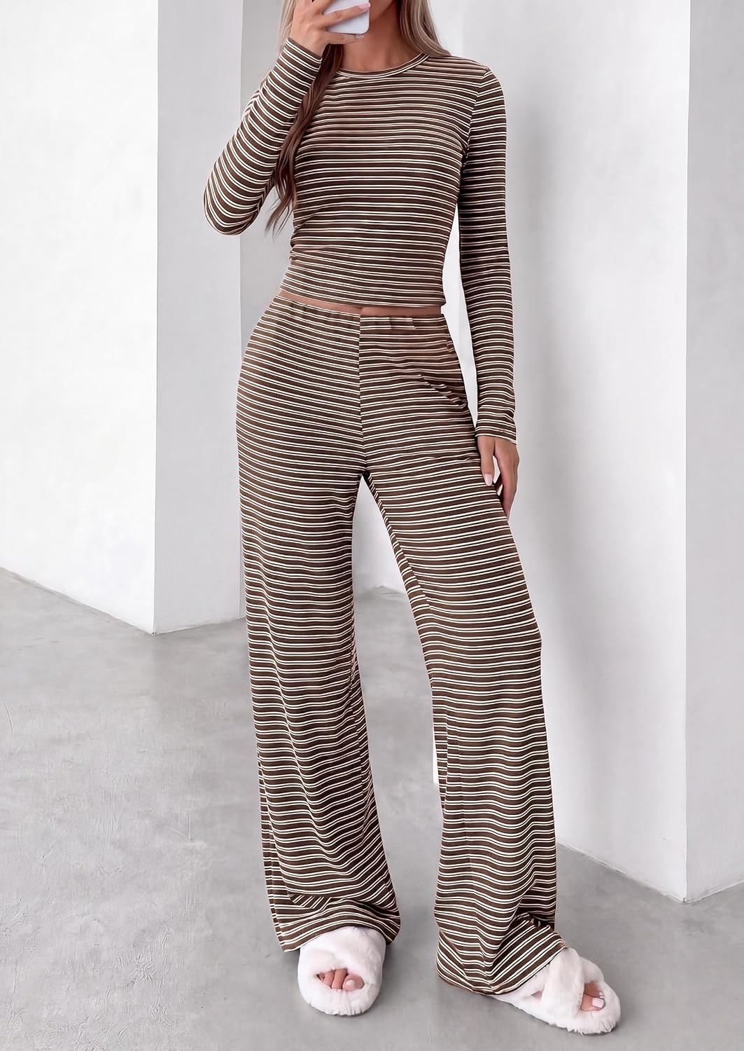 image:imagePRETTYGARDEN Women 2 Piece Striped Lounge Sets Soft Cozy Knit Matching Airport Travel Outfits Long Sleeve Shirts Wide Leg Pants Pockets Fall Winter Comfy Casual ClothesStriped Brown White