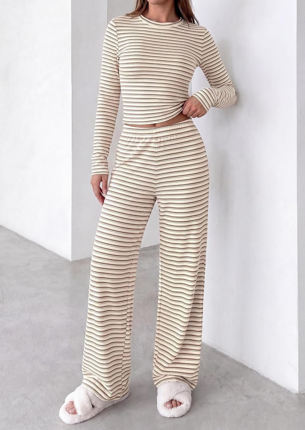 image:imagePRETTYGARDEN Women 2 Piece Striped Lounge Sets Soft Cozy Knit Matching Airport Travel Outfits Long Sleeve Shirts Wide Leg Pants Pockets Fall Winter Comfy Casual ClothesStriped Beige Brown