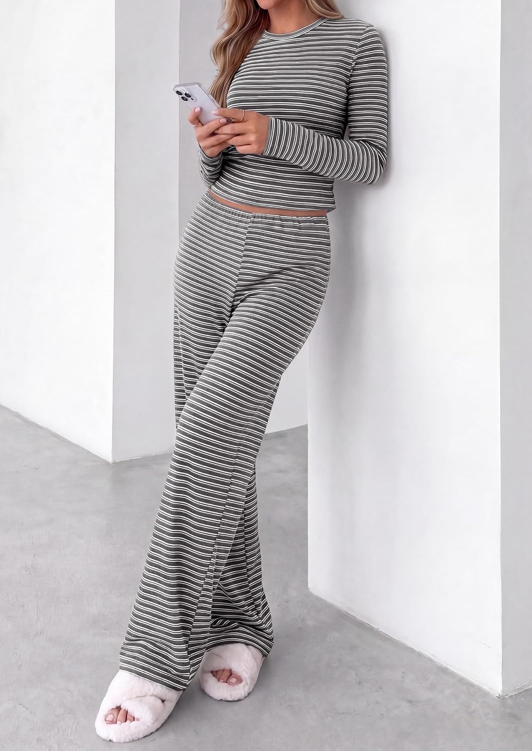 image:imagePRETTYGARDEN Women 2 Piece Striped Lounge Sets Soft Cozy Knit Matching Airport Travel Outfits Long Sleeve Shirts Wide Leg Pants Pockets Fall Winter Comfy Casual ClothesStriped Grey White
