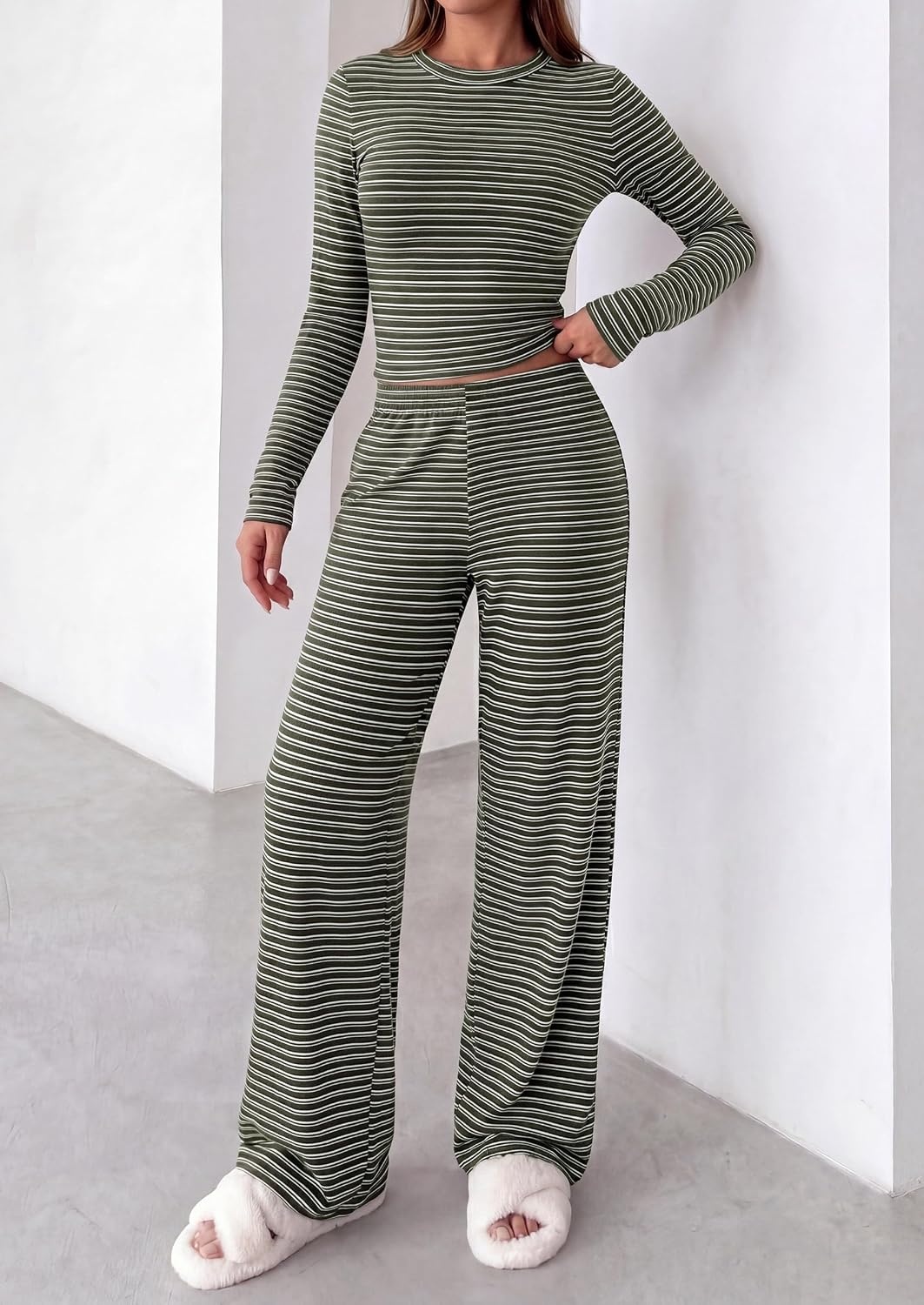 image:imagePRETTYGARDEN Women 2 Piece Striped Lounge Sets Soft Cozy Knit Matching Airport Travel Outfits Long Sleeve Shirts Wide Leg Pants Pockets Fall Winter Comfy Casual ClothesStriped Army Green White