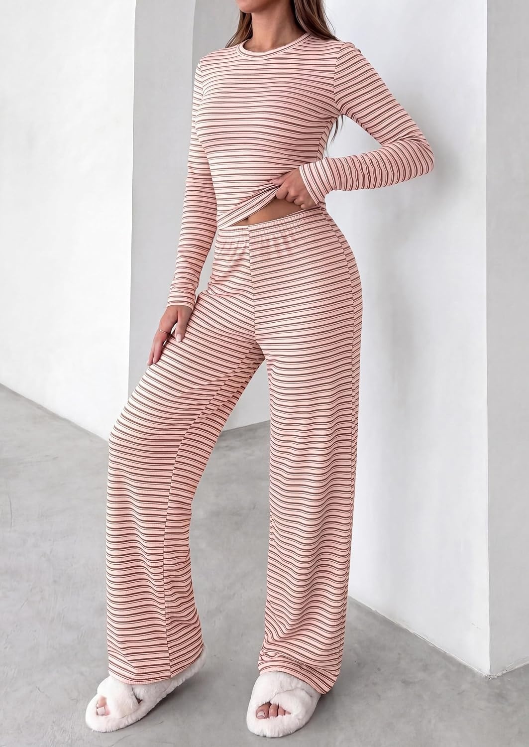 image:imagePRETTYGARDEN Women 2 Piece Striped Lounge Sets Soft Cozy Knit Matching Airport Travel Outfits Long Sleeve Shirts Wide Leg Pants Pockets Fall Winter Comfy Casual ClothesStriped Pink Brown