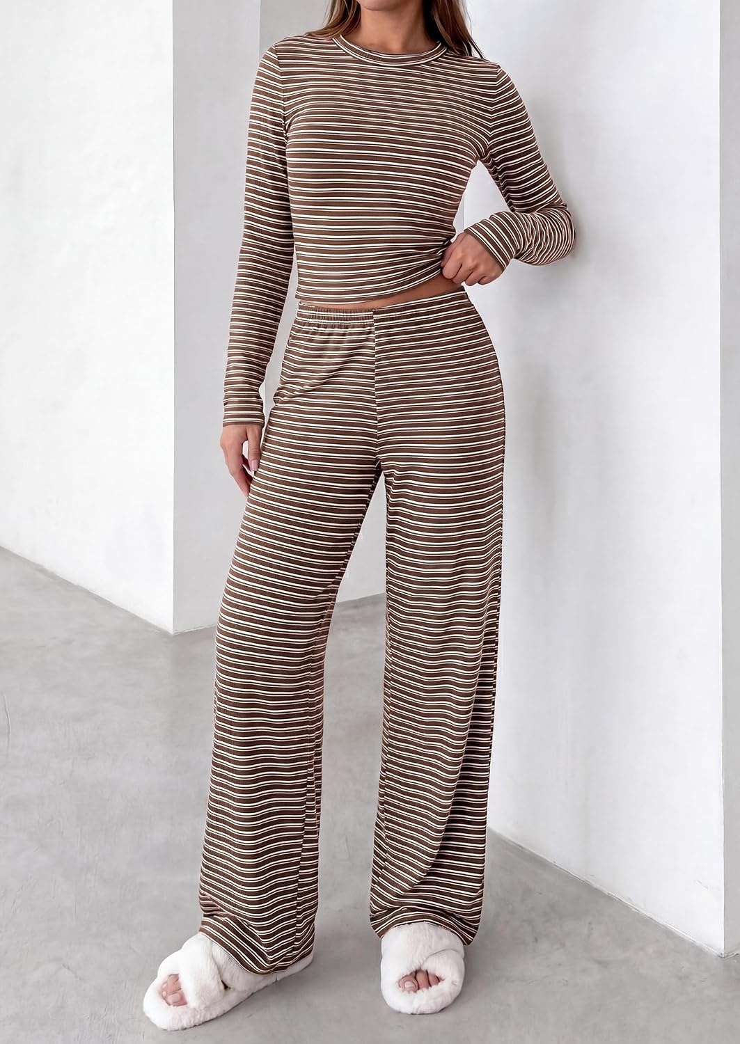 image:imagePRETTYGARDEN Women 2 Piece Striped Lounge Sets Soft Cozy Knit Matching Airport Travel Outfits Long Sleeve Shirts Wide Leg Pants Pockets Fall Winter Comfy Casual ClothesStriped Brown White