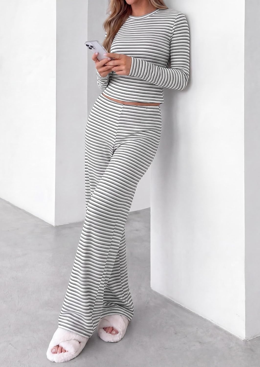 image:imagePRETTYGARDEN Women 2 Piece Striped Lounge Sets Soft Cozy Knit Matching Airport Travel Outfits Long Sleeve Shirts Wide Leg Pants Pockets Fall Winter Comfy Casual ClothesStriped White Black