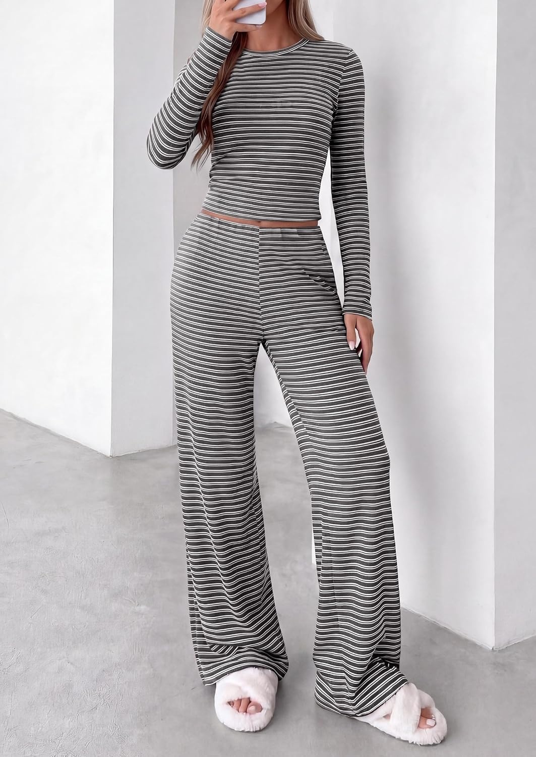 image:imagePRETTYGARDEN Women 2 Piece Striped Lounge Sets Soft Cozy Knit Matching Airport Travel Outfits Long Sleeve Shirts Wide Leg Pants Pockets Fall Winter Comfy Casual ClothesStriped Grey White