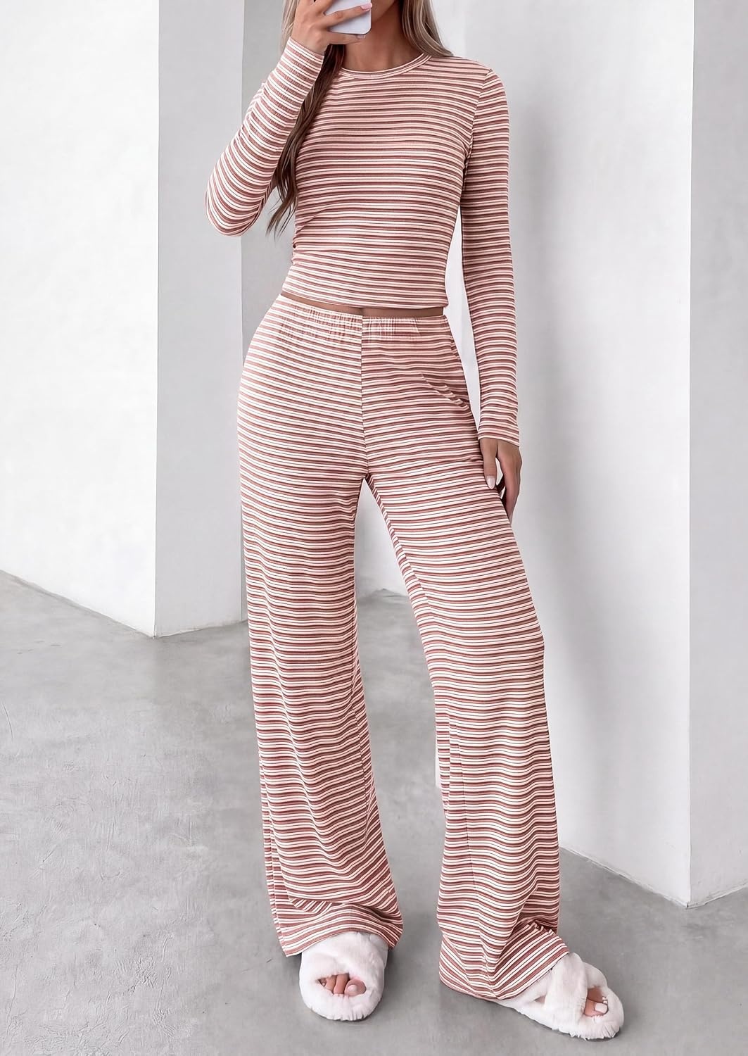 image:imagePRETTYGARDEN Women 2 Piece Striped Lounge Sets Soft Cozy Knit Matching Airport Travel Outfits Long Sleeve Shirts Wide Leg Pants Pockets Fall Winter Comfy Casual ClothesStriped Pink Brown