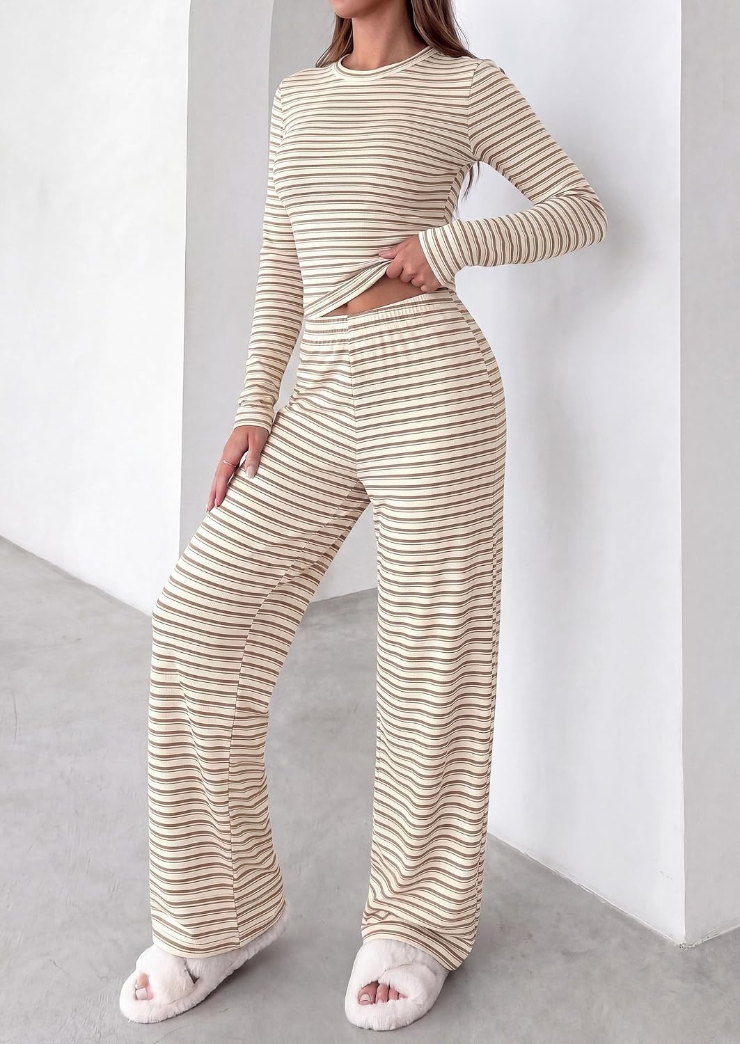 image:imagePRETTYGARDEN Women 2 Piece Striped Lounge Sets Soft Cozy Knit Matching Airport Travel Outfits Long Sleeve Shirts Wide Leg Pants Pockets Fall Winter Comfy Casual ClothesStriped Beige Brown