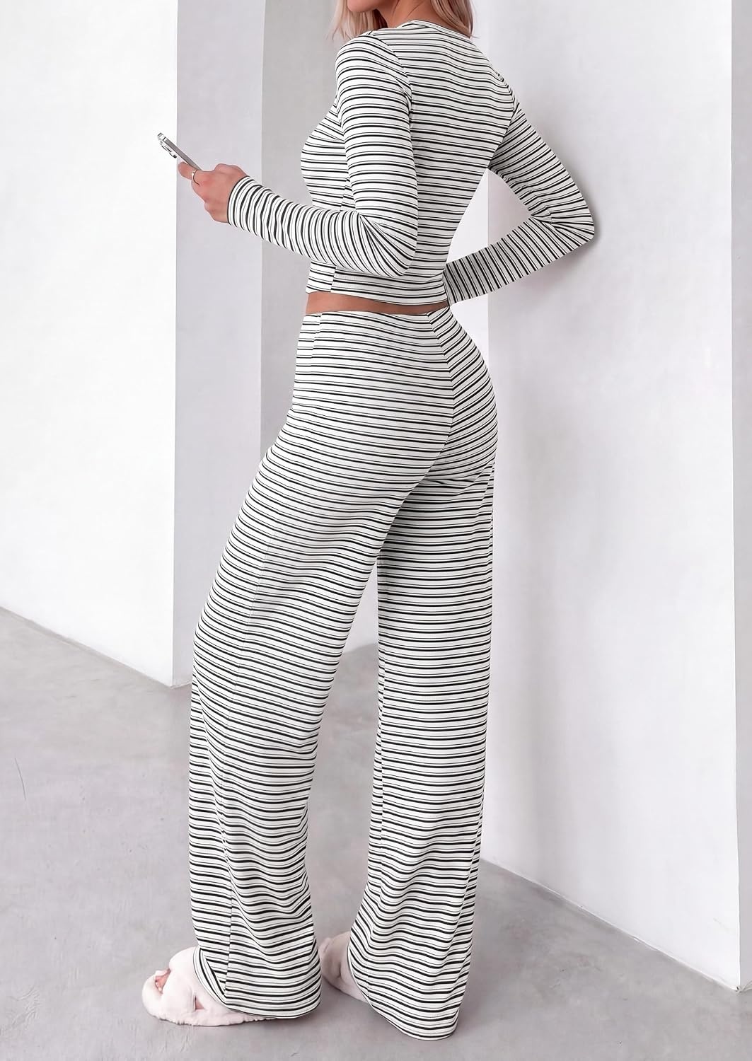 image:imagePRETTYGARDEN Women 2 Piece Striped Lounge Sets Soft Cozy Knit Matching Airport Travel Outfits Long Sleeve Shirts Wide Leg Pants Pockets Fall Winter Comfy Casual ClothesStriped White Black