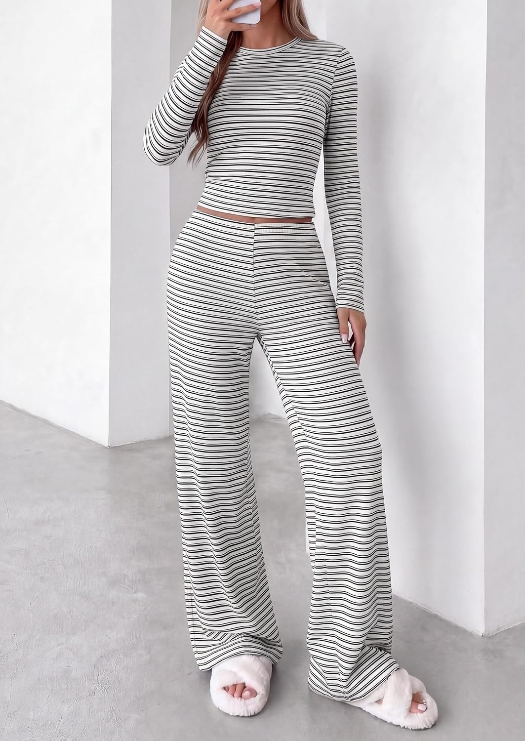 image:imagePRETTYGARDEN Women 2 Piece Striped Lounge Sets Soft Cozy Knit Matching Airport Travel Outfits Long Sleeve Shirts Wide Leg Pants Pockets Fall Winter Comfy Casual ClothesStriped White Black