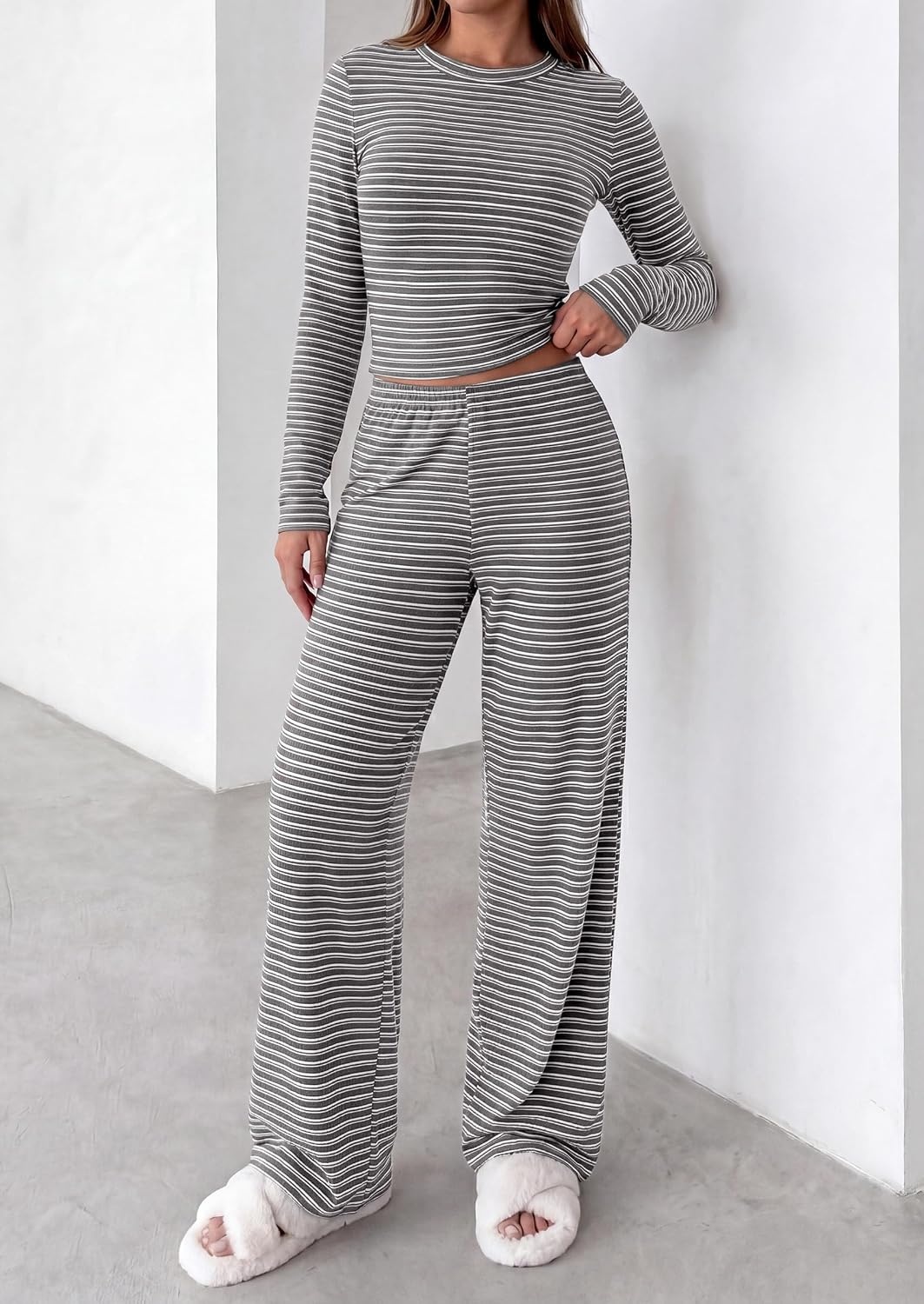image:imagePRETTYGARDEN Women 2 Piece Striped Lounge Sets Soft Cozy Knit Matching Airport Travel Outfits Long Sleeve Shirts Wide Leg Pants Pockets Fall Winter Comfy Casual ClothesStriped Grey White