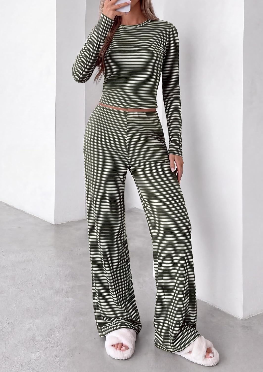 image:imagePRETTYGARDEN Women 2 Piece Striped Lounge Sets Soft Cozy Knit Matching Airport Travel Outfits Long Sleeve Shirts Wide Leg Pants Pockets Fall Winter Comfy Casual ClothesStriped Army Green White