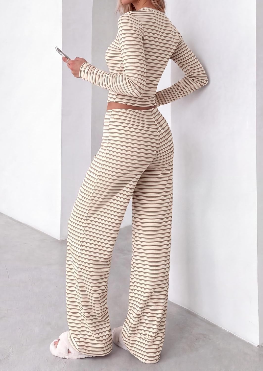image:imagePRETTYGARDEN Women 2 Piece Striped Lounge Sets Soft Cozy Knit Matching Airport Travel Outfits Long Sleeve Shirts Wide Leg Pants Pockets Fall Winter Comfy Casual ClothesStriped Beige Brown