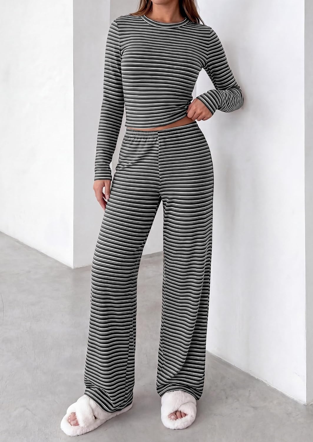 image:imagePRETTYGARDEN Women 2 Piece Striped Lounge Sets Soft Cozy Knit Matching Airport Travel Outfits Long Sleeve Shirts Wide Leg Pants Pockets Fall Winter Comfy Casual ClothesStriped Black White