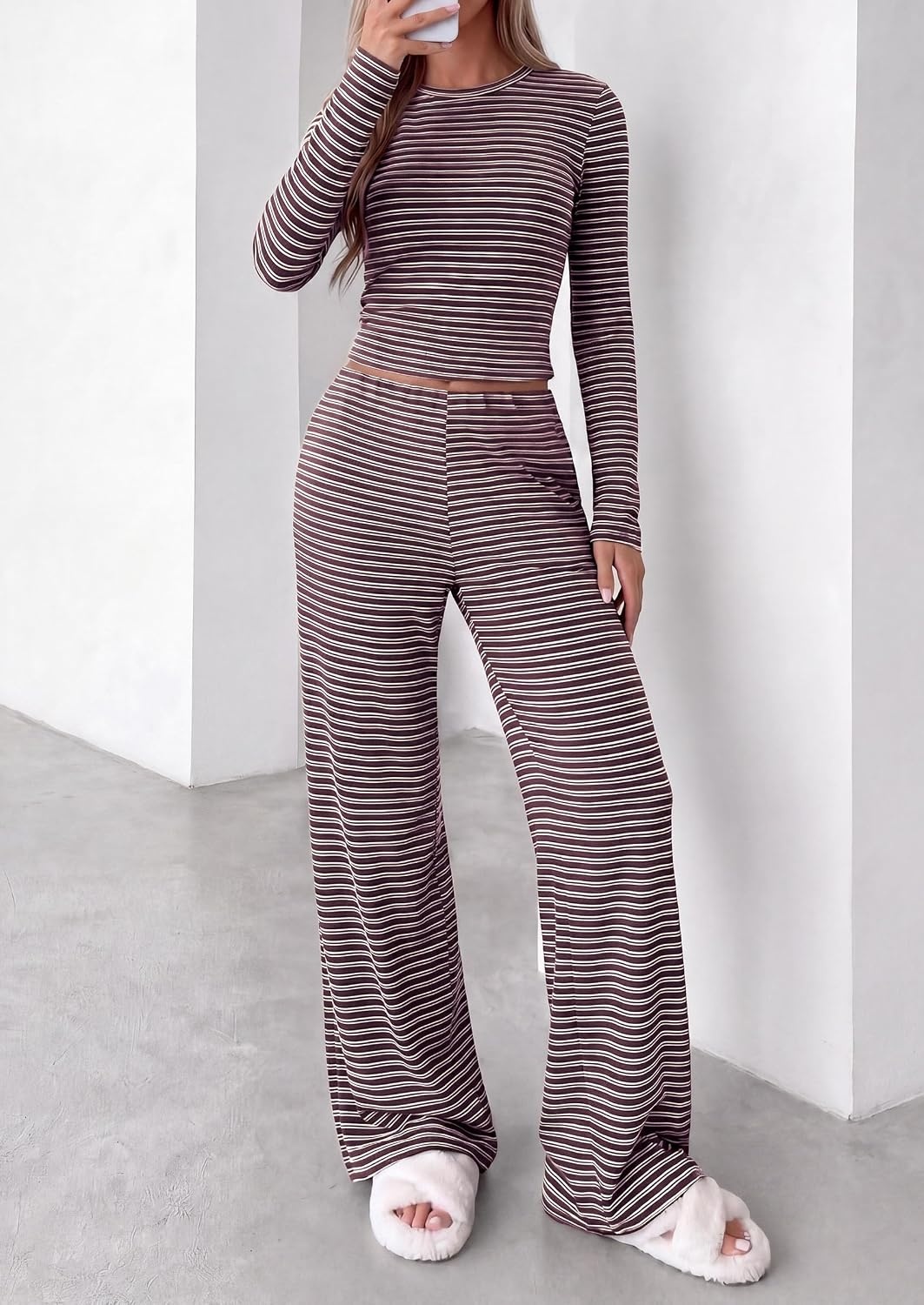image:imagePRETTYGARDEN Women 2 Piece Striped Lounge Sets Soft Cozy Knit Matching Airport Travel Outfits Long Sleeve Shirts Wide Leg Pants Pockets Fall Winter Comfy Casual ClothesStriped Dark Brown White