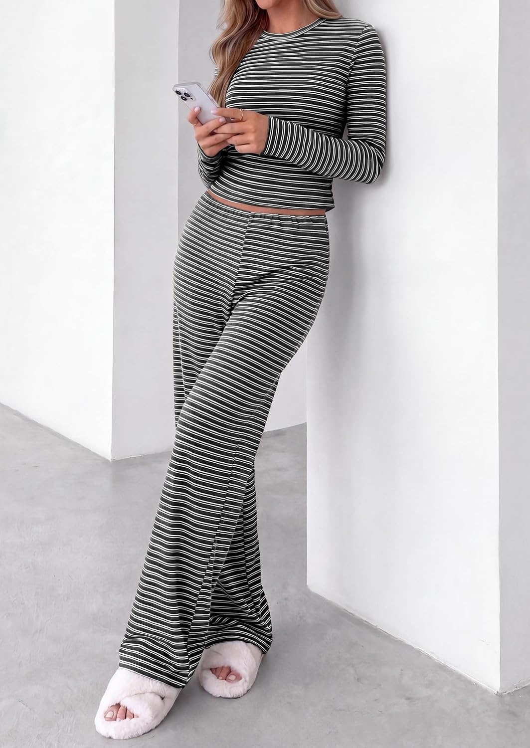 image:imagePRETTYGARDEN Women 2 Piece Striped Lounge Sets Soft Cozy Knit Matching Airport Travel Outfits Long Sleeve Shirts Wide Leg Pants Pockets Fall Winter Comfy Casual ClothesStriped Black White
