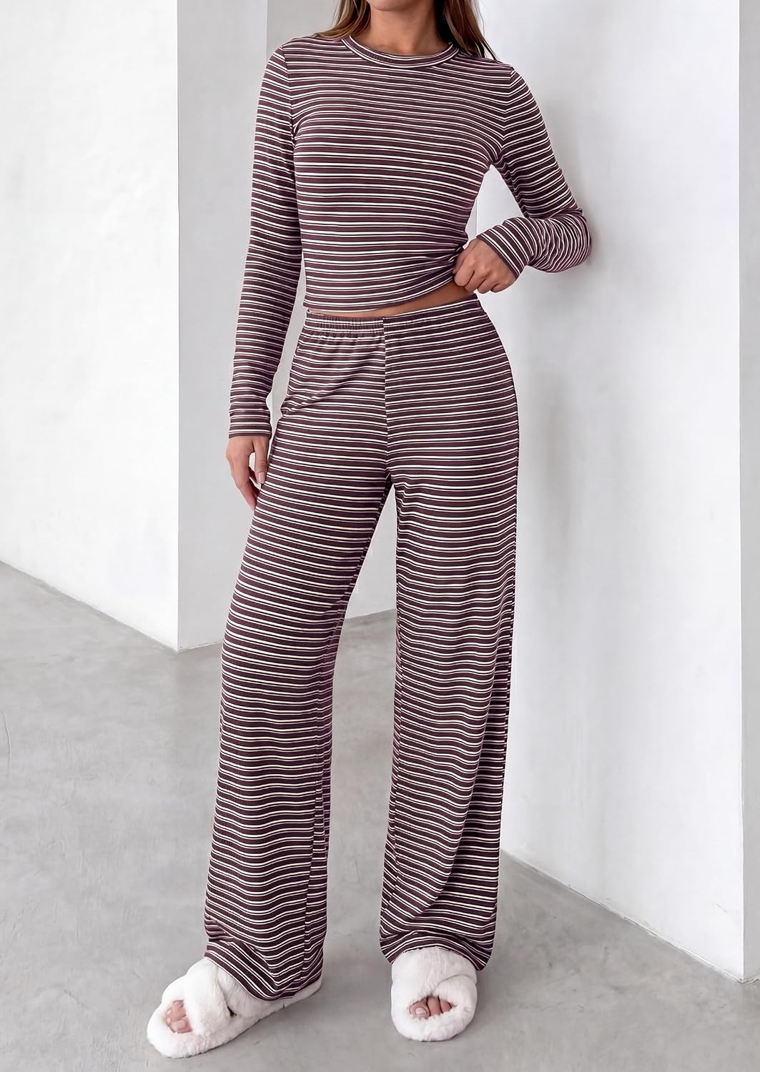 image:imagePRETTYGARDEN Women 2 Piece Striped Lounge Sets Soft Cozy Knit Matching Airport Travel Outfits Long Sleeve Shirts Wide Leg Pants Pockets Fall Winter Comfy Casual ClothesStriped Dark Brown White
