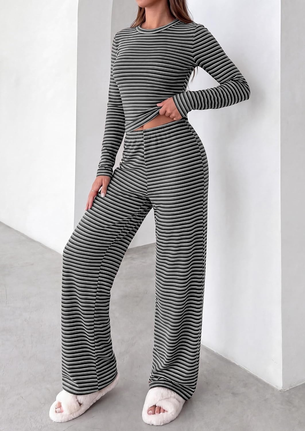 image:imagePRETTYGARDEN Women 2 Piece Striped Lounge Sets Soft Cozy Knit Matching Airport Travel Outfits Long Sleeve Shirts Wide Leg Pants Pockets Fall Winter Comfy Casual ClothesStriped Black White