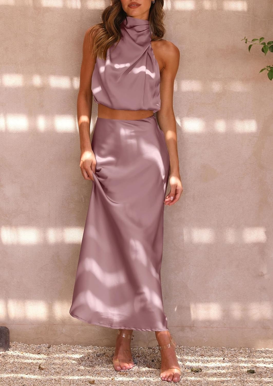image:imagePRETTYGARDEN Womens 2 Piece Outfits Satin Skirt Set Smooth Silk Fabric Sleeveless Mock Neck Asymmetrical Crop Tops High Waisted Maxi Long Skirts Elegant Summer Dress SetsDusty Pink