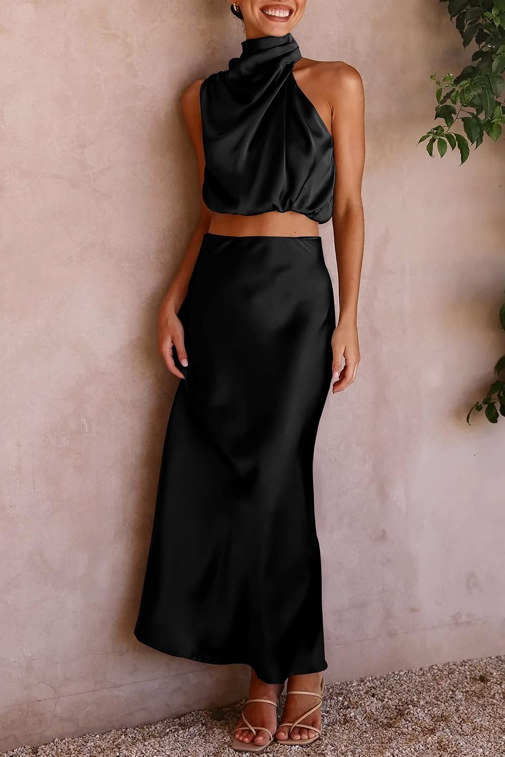 image:imagePRETTYGARDEN Womens 2 Piece Outfits Satin Skirt Set Smooth Silk Fabric Sleeveless Mock Neck Asymmetrical Crop Tops High Waisted Maxi Long Skirts Elegant Summer Dress SetsBlack
