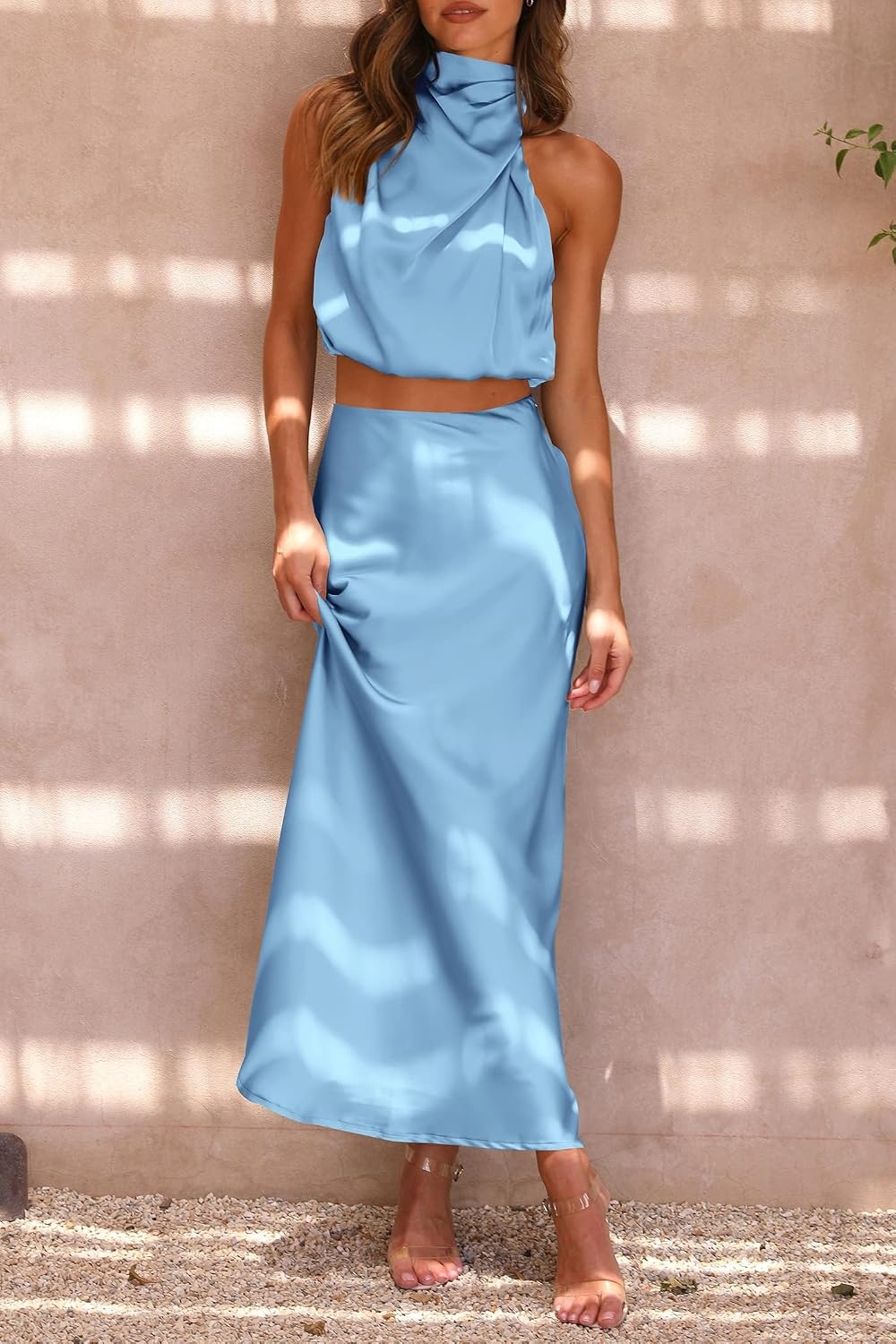 image:imagePRETTYGARDEN Womens 2 Piece Outfits Satin Skirt Set Smooth Silk Fabric Sleeveless Mock Neck Asymmetrical Crop Tops High Waisted Maxi Long Skirts Elegant Summer Dress SetsLight Blue