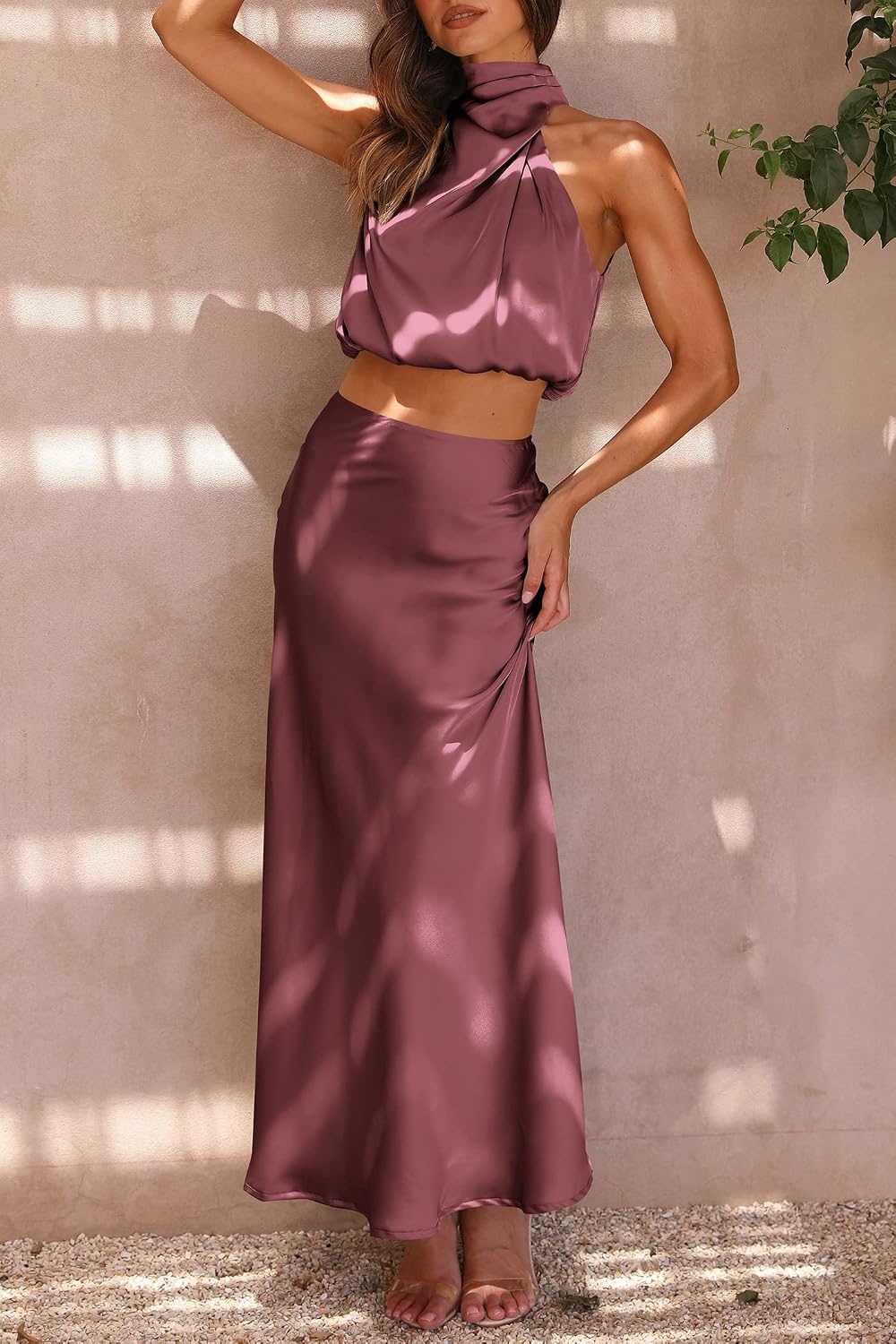 image:imagePRETTYGARDEN Womens 2 Piece Outfits Satin Skirt Set Smooth Silk Fabric Sleeveless Mock Neck Asymmetrical Crop Tops High Waisted Maxi Long Skirts Elegant Summer Dress SetsBrick Red