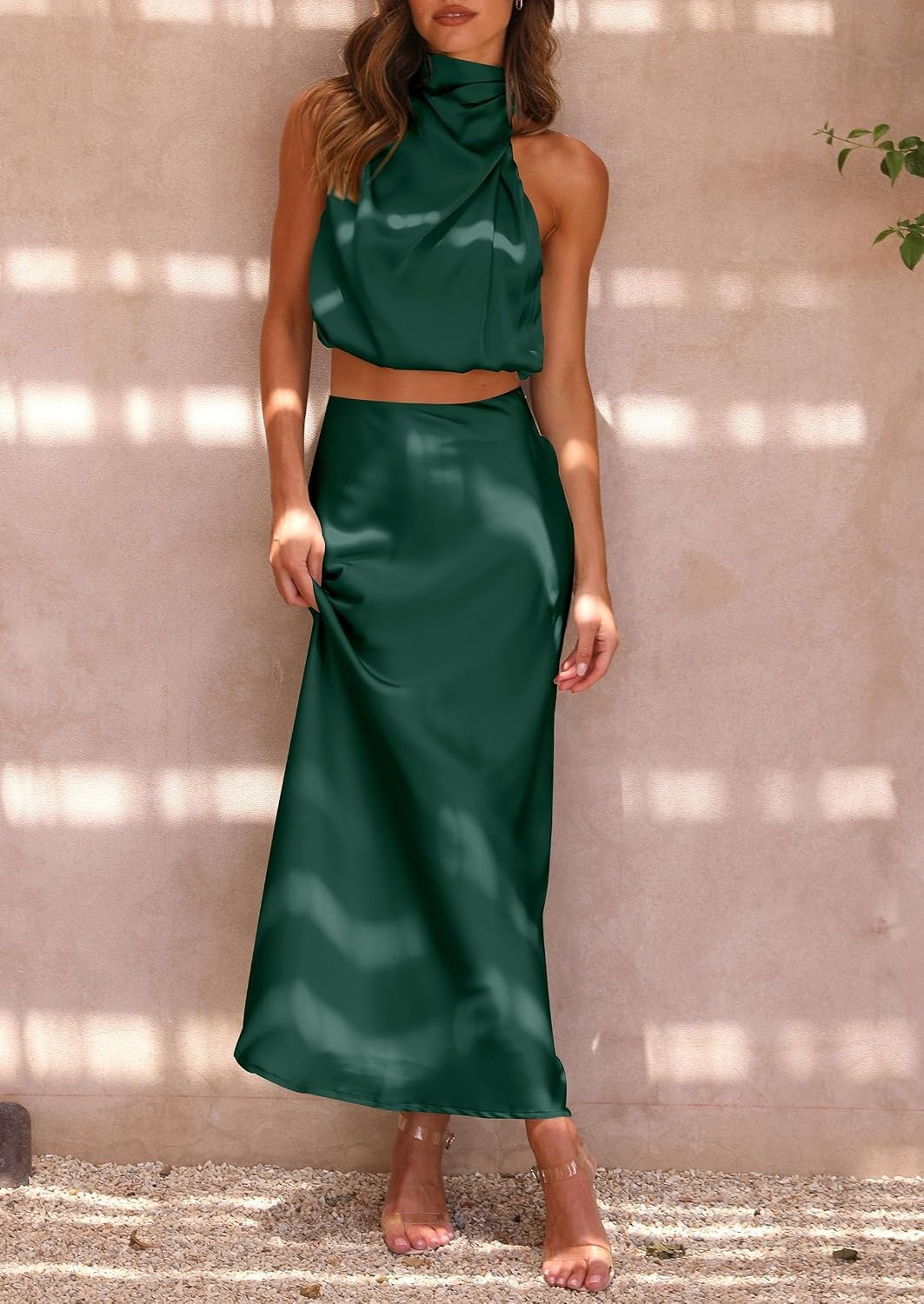 image:imagePRETTYGARDEN Womens 2 Piece Outfits Satin Skirt Set Smooth Silk Fabric Sleeveless Mock Neck Asymmetrical Crop Tops High Waisted Maxi Long Skirts Elegant Summer Dress SetsDark Green