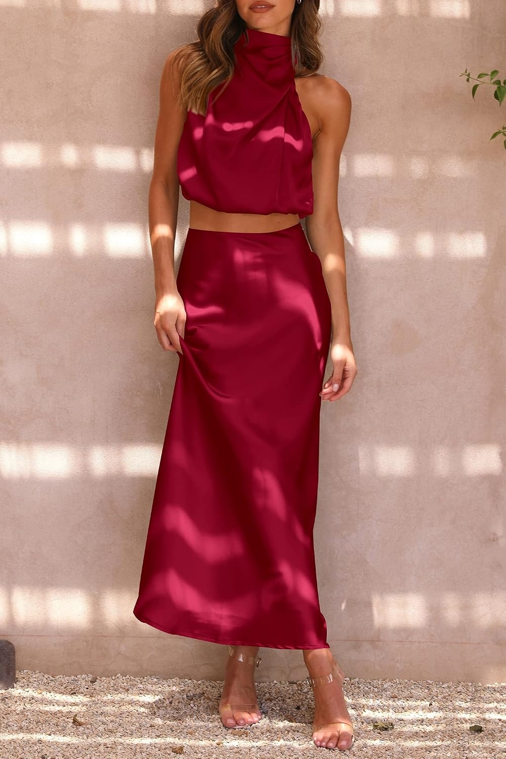 image:imagePRETTYGARDEN Womens 2 Piece Outfits Satin Skirt Set Smooth Silk Fabric Sleeveless Mock Neck Asymmetrical Crop Tops High Waisted Maxi Long Skirts Elegant Summer Dress SetsDeep Red