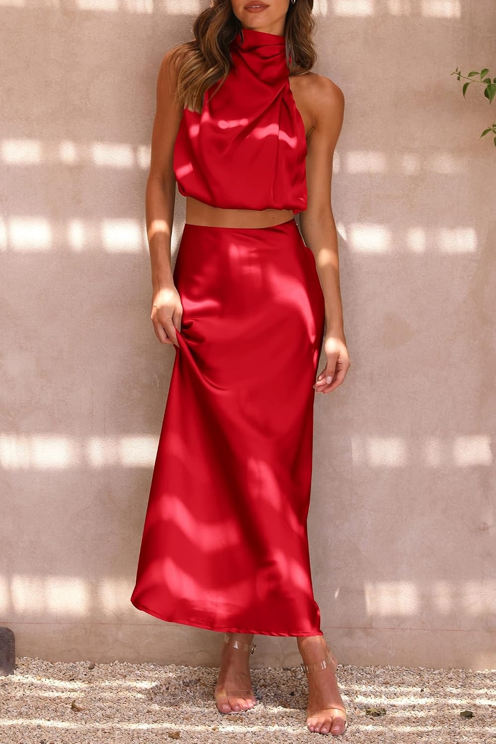 image:imagePRETTYGARDEN Womens 2 Piece Outfits Satin Skirt Set Smooth Silk Fabric Sleeveless Mock Neck Asymmetrical Crop Tops High Waisted Maxi Long Skirts Elegant Summer Dress SetsRed