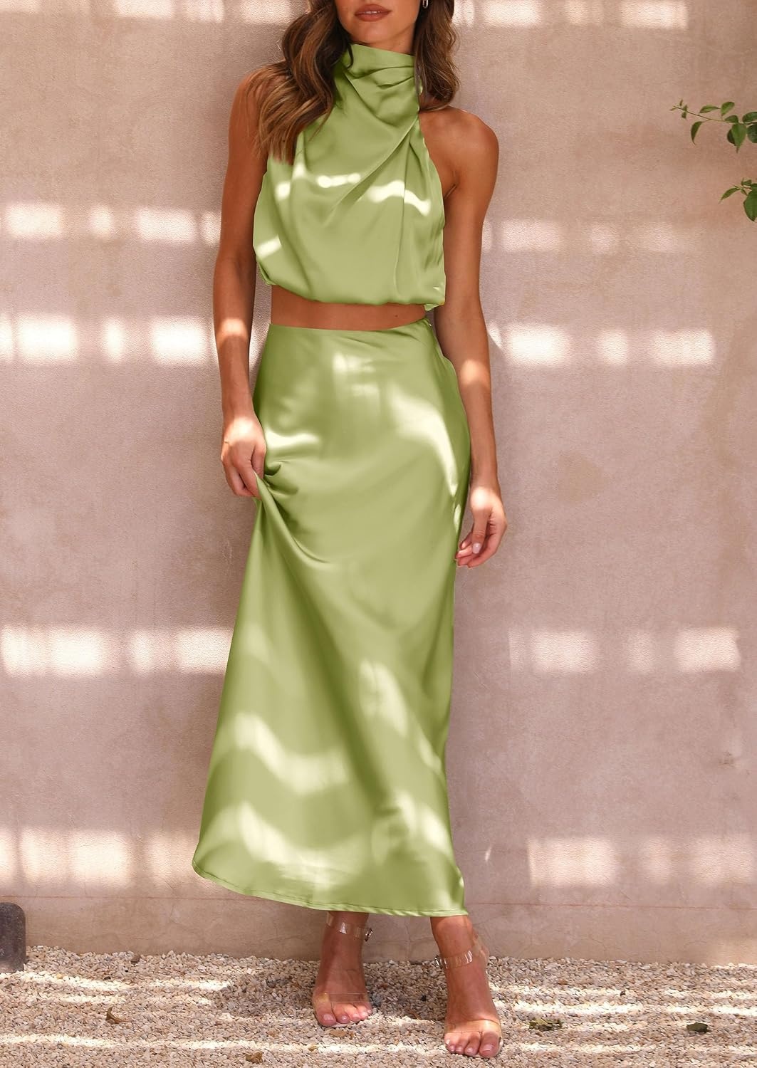 image:imagePRETTYGARDEN Womens 2 Piece Outfits Satin Skirt Set Smooth Silk Fabric Sleeveless Mock Neck Asymmetrical Crop Tops High Waisted Maxi Long Skirts Elegant Summer Dress SetsLight Green