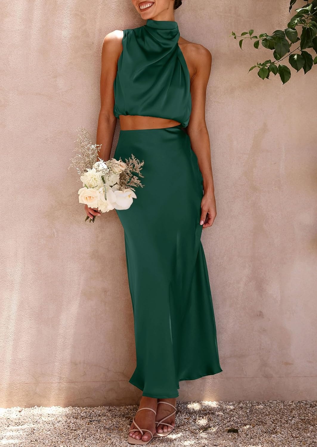 image:imagePRETTYGARDEN Womens 2 Piece Outfits Satin Skirt Set Smooth Silk Fabric Sleeveless Mock Neck Asymmetrical Crop Tops High Waisted Maxi Long Skirts Elegant Summer Dress SetsDark Green