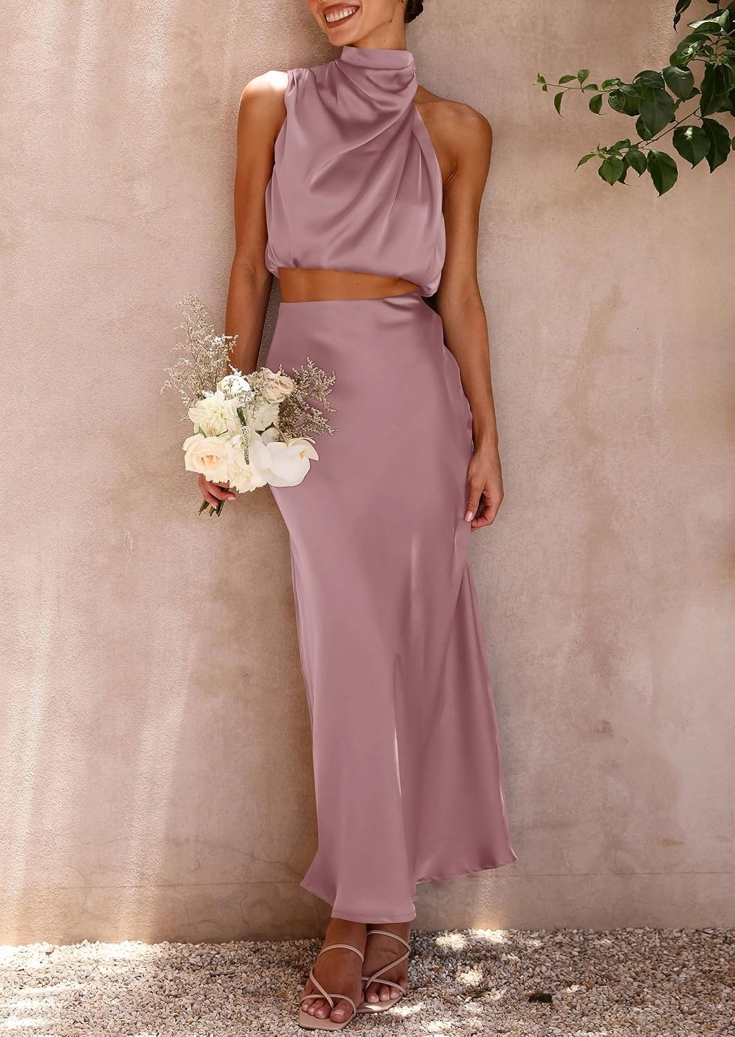 image:imagePRETTYGARDEN Womens 2 Piece Outfits Satin Skirt Set Smooth Silk Fabric Sleeveless Mock Neck Asymmetrical Crop Tops High Waisted Maxi Long Skirts Elegant Summer Dress SetsDusty Pink