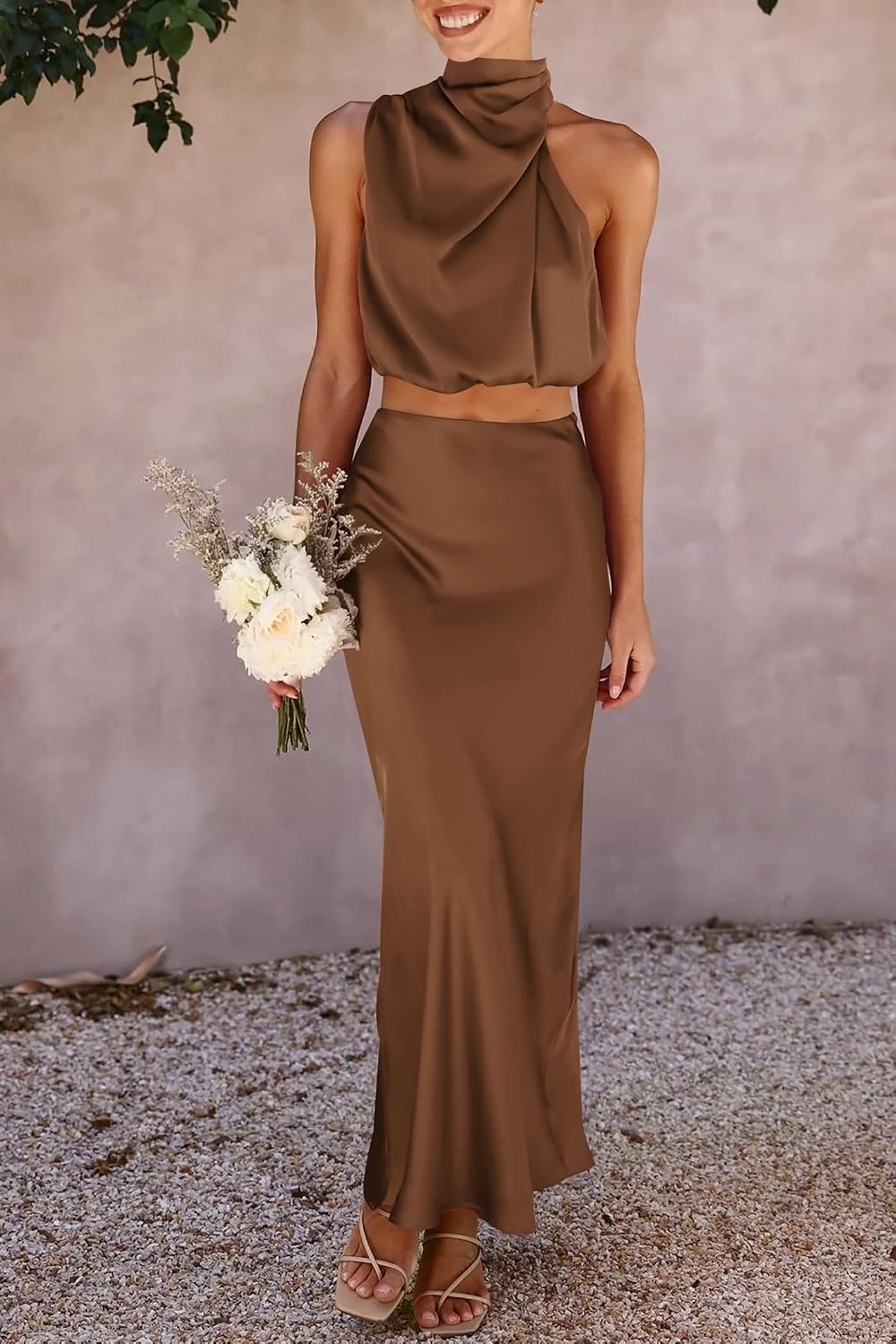 image:imagePRETTYGARDEN Womens 2 Piece Outfits Satin Skirt Set Smooth Silk Fabric Sleeveless Mock Neck Asymmetrical Crop Tops High Waisted Maxi Long Skirts Elegant Summer Dress SetsKhaki