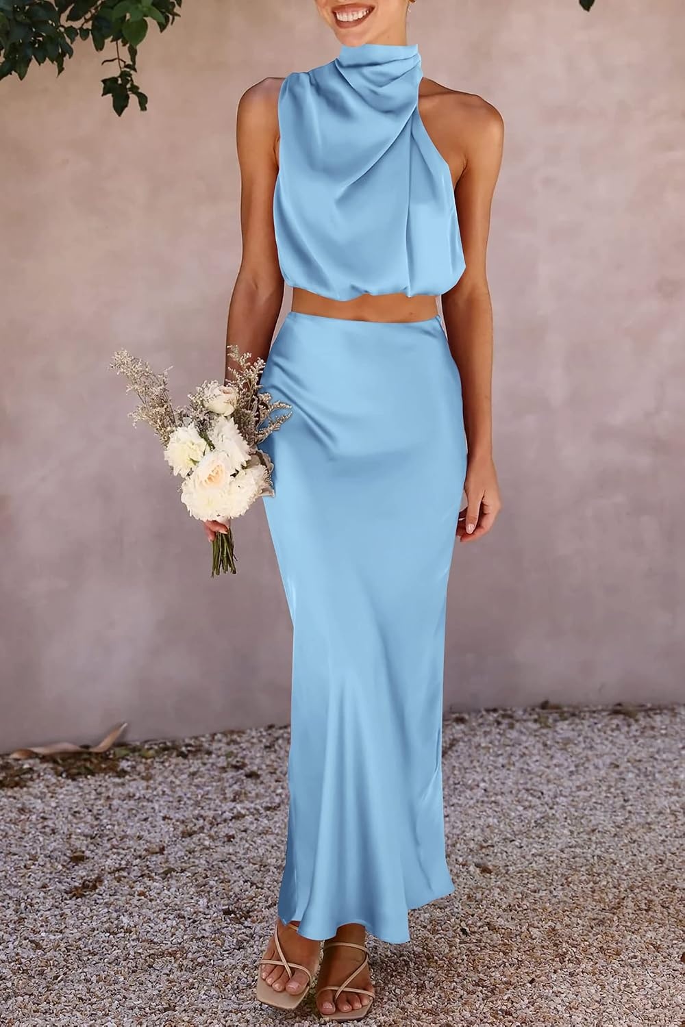 image:imagePRETTYGARDEN Womens 2 Piece Outfits Satin Skirt Set Smooth Silk Fabric Sleeveless Mock Neck Asymmetrical Crop Tops High Waisted Maxi Long Skirts Elegant Summer Dress SetsLight Blue