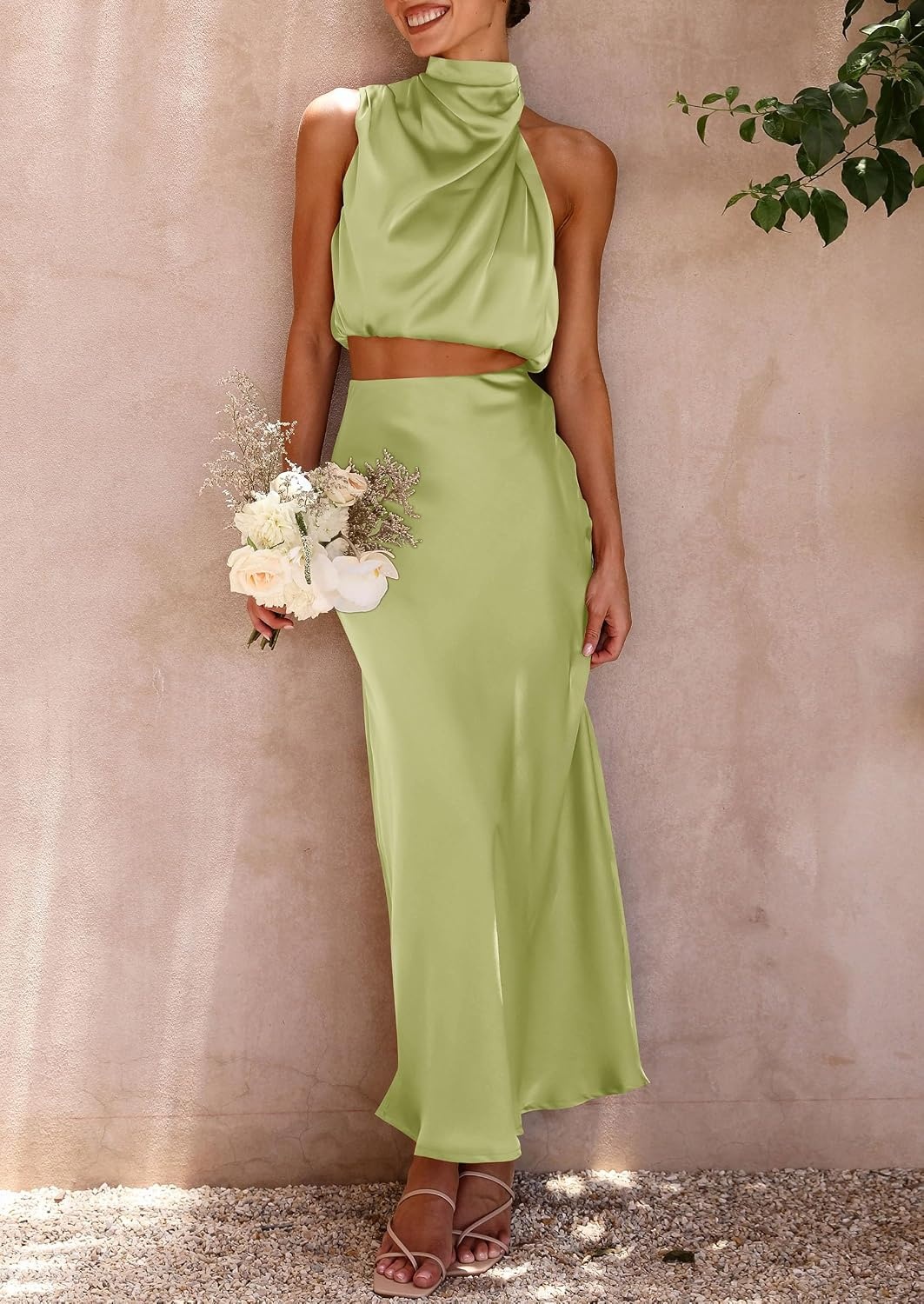 image:imagePRETTYGARDEN Womens 2 Piece Outfits Satin Skirt Set Smooth Silk Fabric Sleeveless Mock Neck Asymmetrical Crop Tops High Waisted Maxi Long Skirts Elegant Summer Dress SetsLight Green