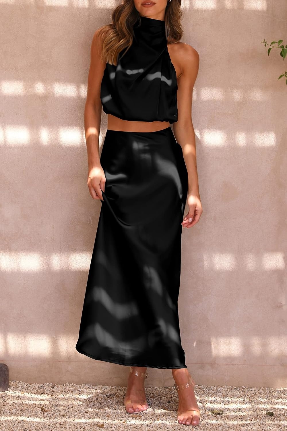 image:imagePRETTYGARDEN Womens 2 Piece Outfits Satin Skirt Set Smooth Silk Fabric Sleeveless Mock Neck Asymmetrical Crop Tops High Waisted Maxi Long Skirts Elegant Summer Dress SetsBlack