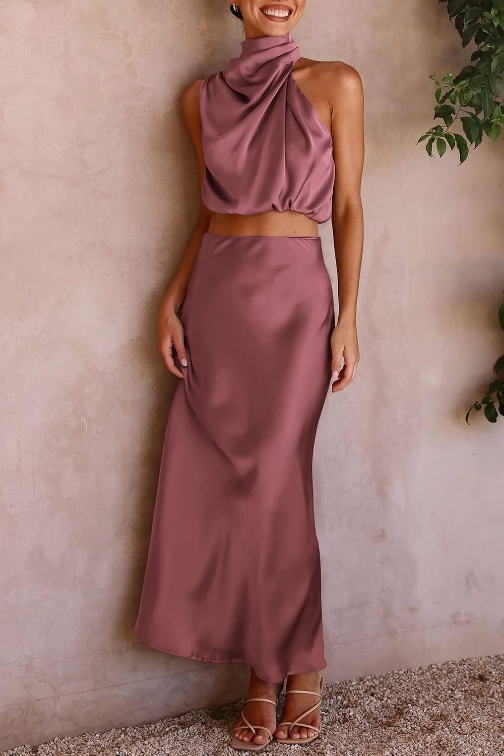 image:imagePRETTYGARDEN Womens 2 Piece Outfits Satin Skirt Set Smooth Silk Fabric Sleeveless Mock Neck Asymmetrical Crop Tops High Waisted Maxi Long Skirts Elegant Summer Dress SetsBrick Red