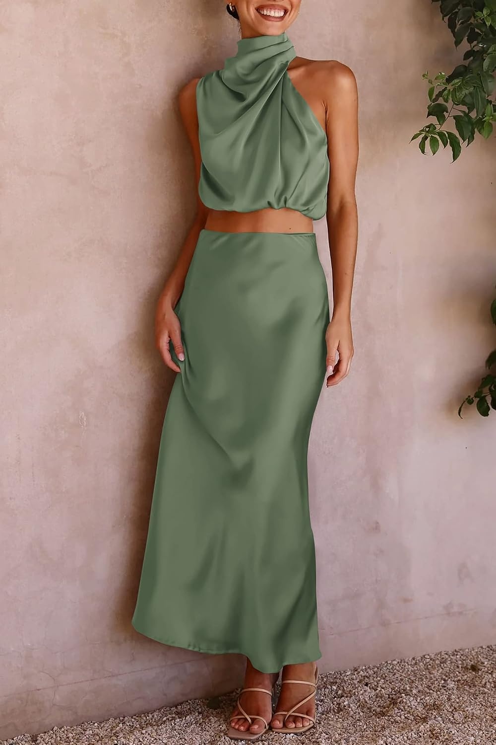 image:imagePRETTYGARDEN Womens 2 Piece Outfits Satin Skirt Set Smooth Silk Fabric Sleeveless Mock Neck Asymmetrical Crop Tops High Waisted Maxi Long Skirts Elegant Summer Dress SetsArmy Green