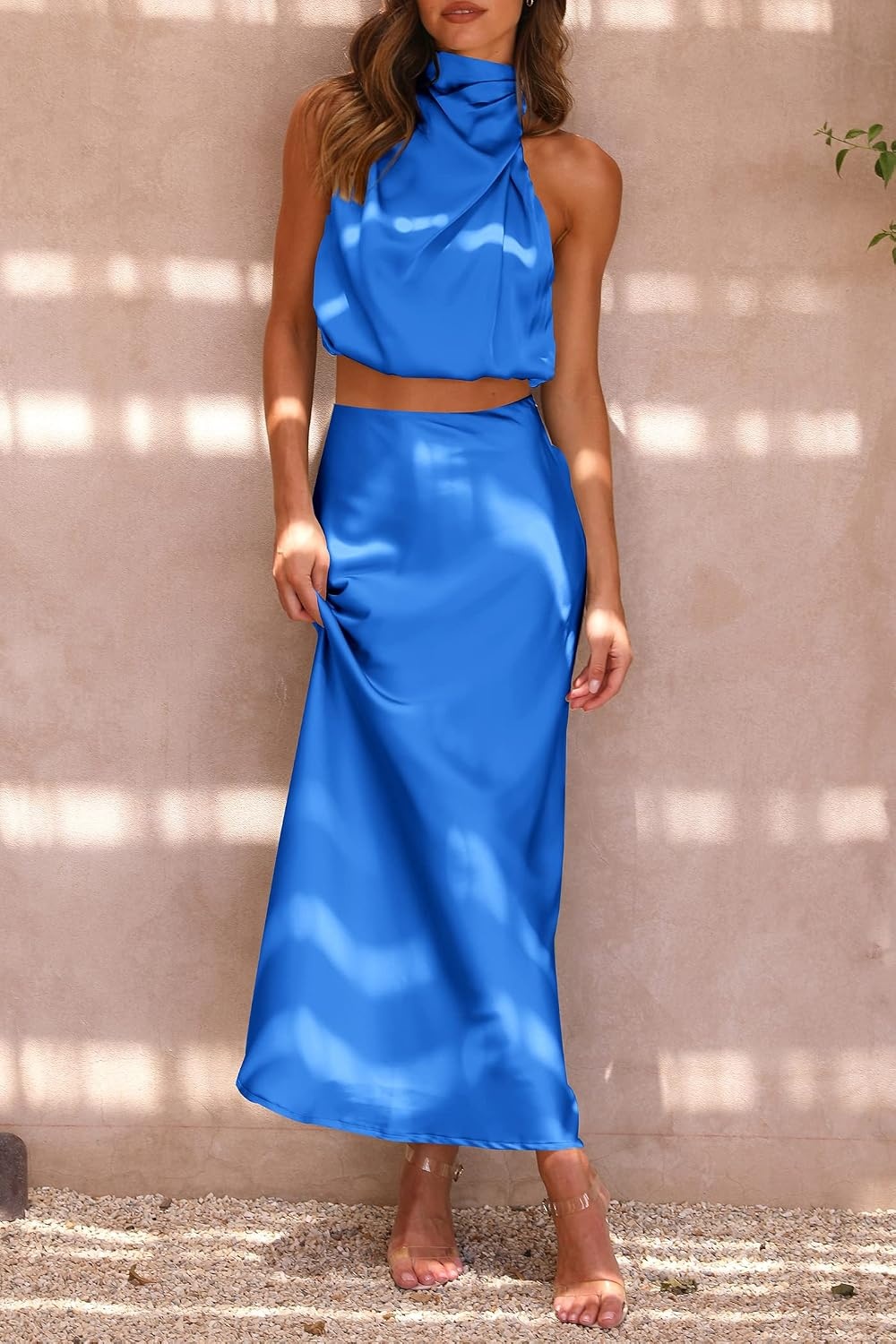 image:imagePRETTYGARDEN Womens 2 Piece Outfits Satin Skirt Set Smooth Silk Fabric Sleeveless Mock Neck Asymmetrical Crop Tops High Waisted Maxi Long Skirts Elegant Summer Dress SetsBrilliant Blue