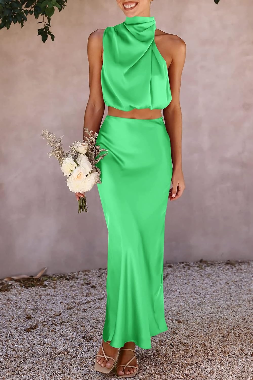 image:imagePRETTYGARDEN Womens 2 Piece Outfits Satin Skirt Set Smooth Silk Fabric Sleeveless Mock Neck Asymmetrical Crop Tops High Waisted Maxi Long Skirts Elegant Summer Dress SetsGrass Green