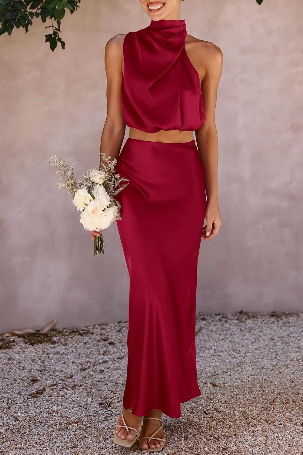 image:imagePRETTYGARDEN Womens 2 Piece Outfits Satin Skirt Set Smooth Silk Fabric Sleeveless Mock Neck Asymmetrical Crop Tops High Waisted Maxi Long Skirts Elegant Summer Dress SetsDeep Red